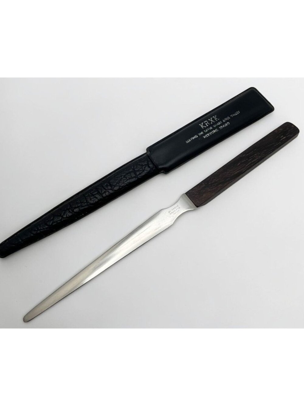 Vintage KRXK AM Radio Letter Opener Rexburg ID Leather Case Stainless Steel
